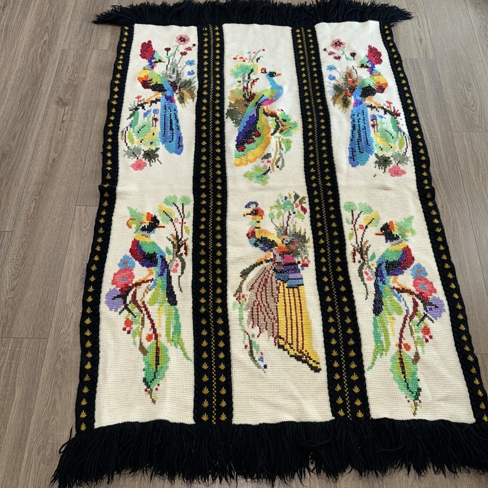 Vintage Peacock Bird Handmade Needlepoint Throw‎ Blanket  46 X 72. EUC